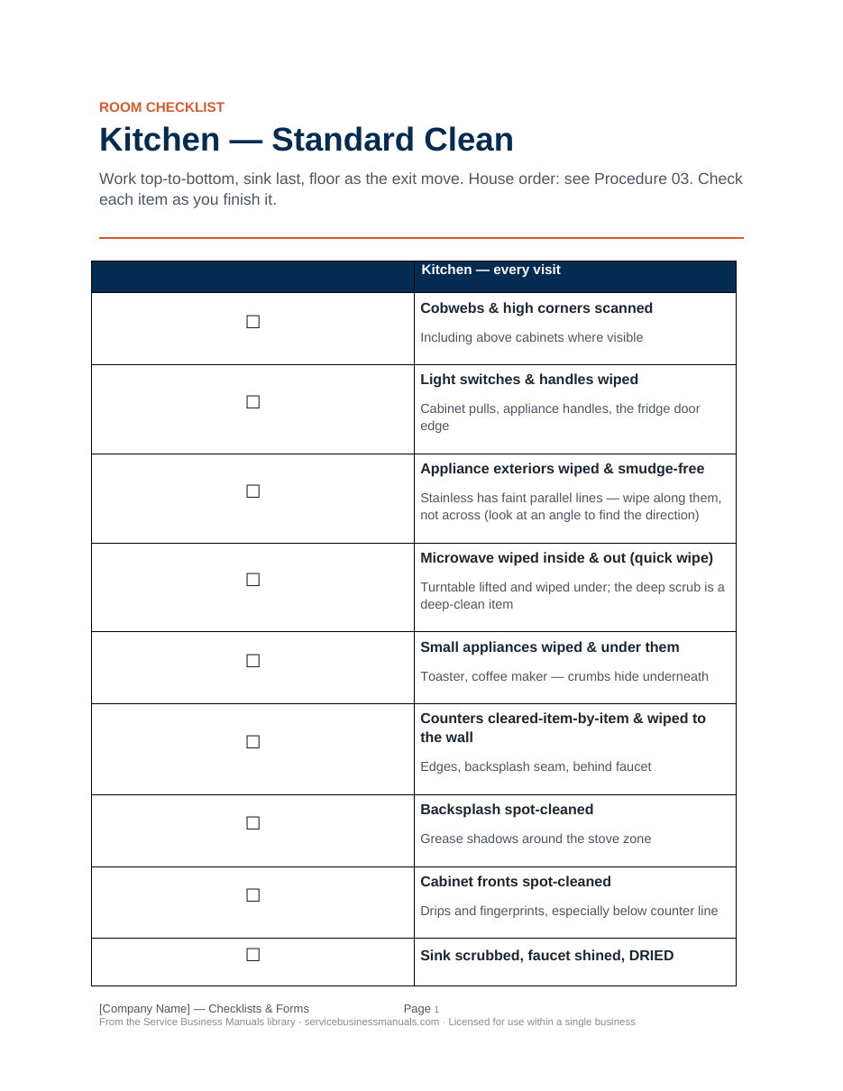 Kitchen standard clean checklist