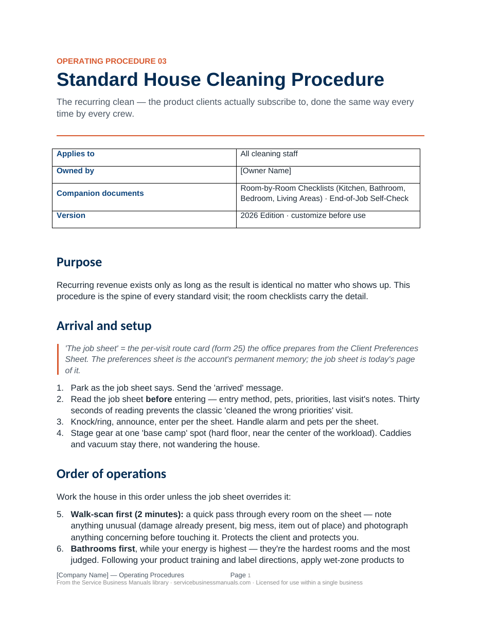 Standard House Cleaning Procedure — first page