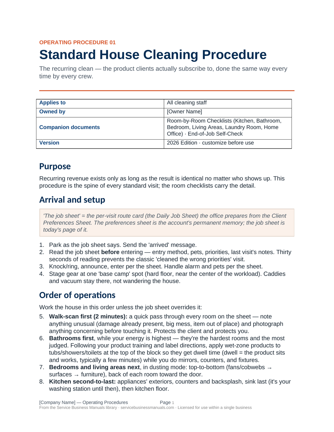 Standard House Cleaning procedure