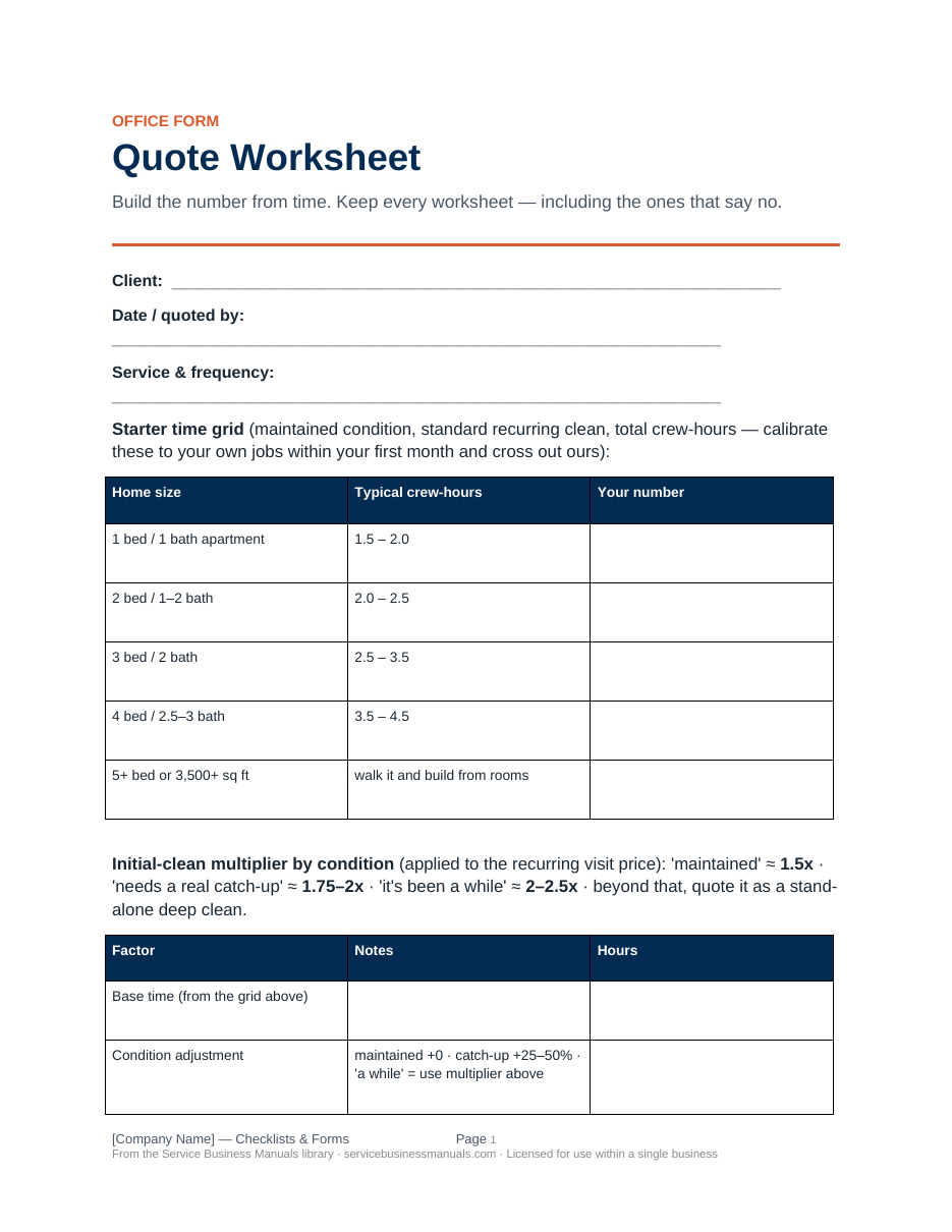 Quote worksheet with starter time grid